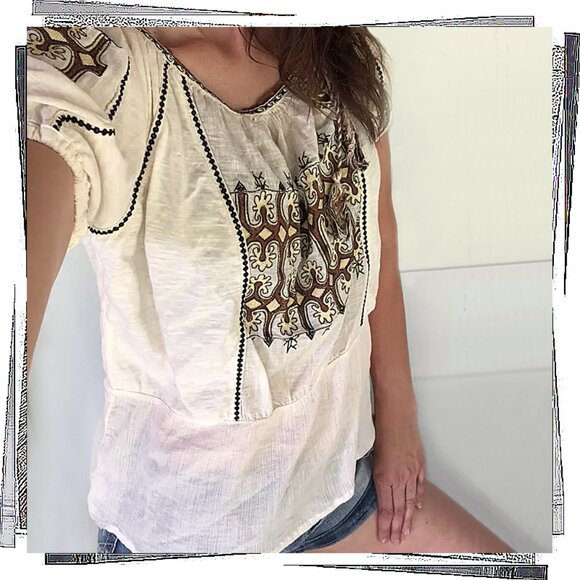 Cream Peasant Style Boho Top w/ Embroidery n' Tie (S) by C KEER - Picture 2 of 6